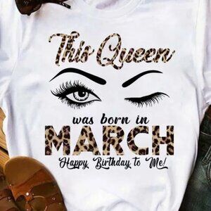 MARCH Birthday Queen Leopard Letter Print Short Sleeve Women's T-Shirt Large